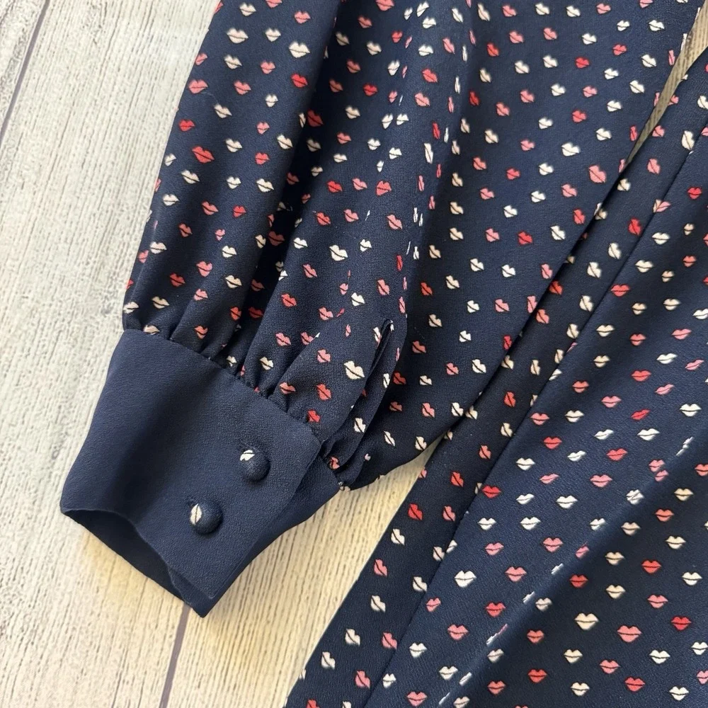Kate Spade New York Navy Blue Lips Print Crepe Swing Dress Long Sleeve Size 6